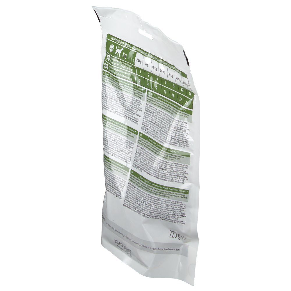 Rückseite des Beutels mit Informationen und Fütterungsempfehlungen. Text in mehreren Sprachen. Gewicht: 220g.