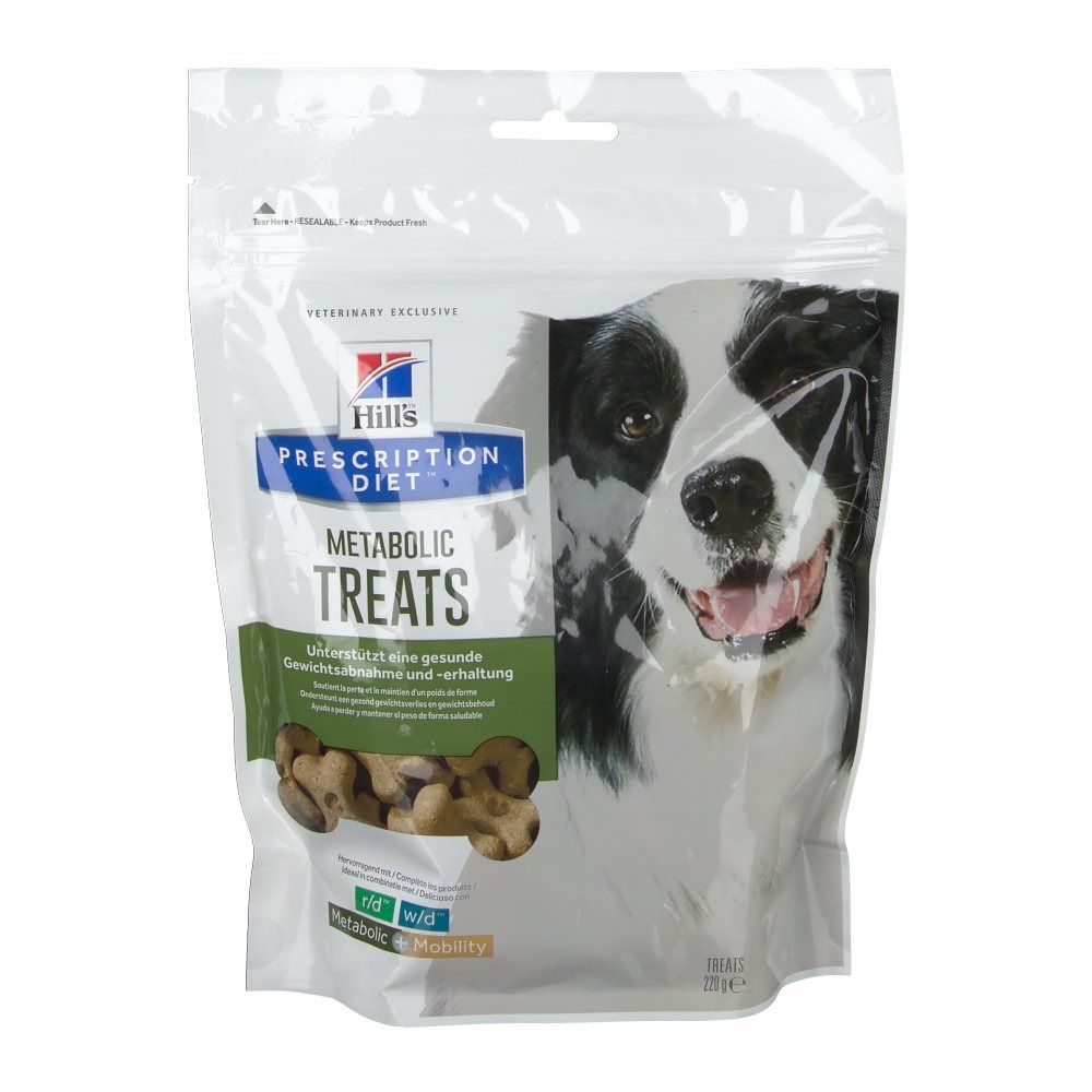 Beutel mit Hundesnacks. Aufschrift: Hills Prescription Diet Metabolic Treats. Abbildung eines Hundes.