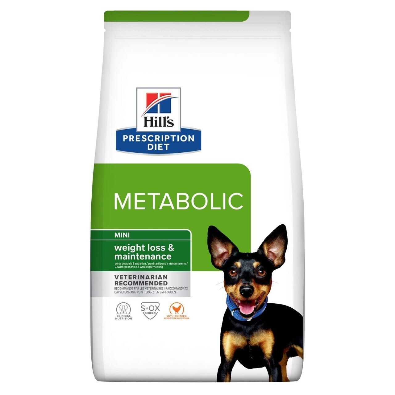 Beutel mit Hill's Prescription Diet Metabolic Mini. Aufschrift: weight loss & maintenance. Empfohlen vom Tierarzt. Abgebildet: Hund.