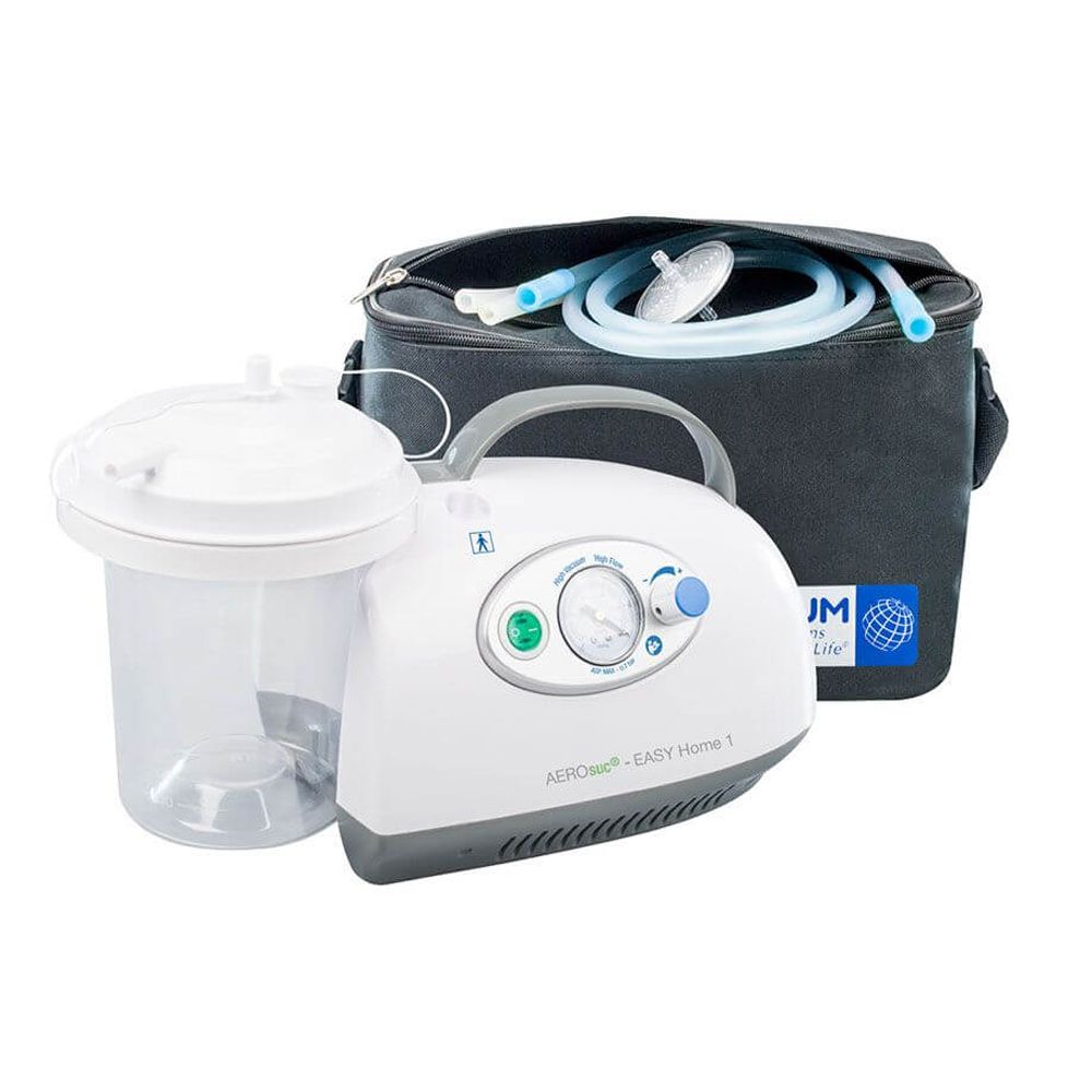 Elektrische Absaugpumpe mit Auffangbehälter und Zubehör in einer Tragetasche. HUM AEROsuc EASY Home 1.