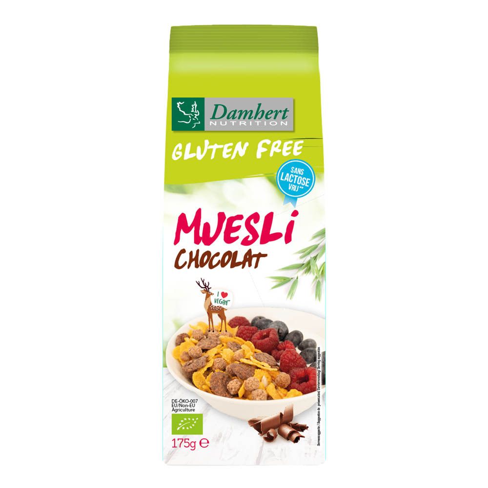 Damhert Schoko Müsli glutenfrei Verpackung. Grün-weiße Tüte mit Müsli-Abbildung, Beeren und Schokostückchen.