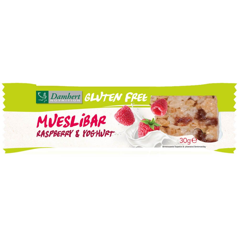 Verpackter Müsliriegel mit Himbeeren und Joghurt. Glutenfrei. Marke Damhert. 30g.