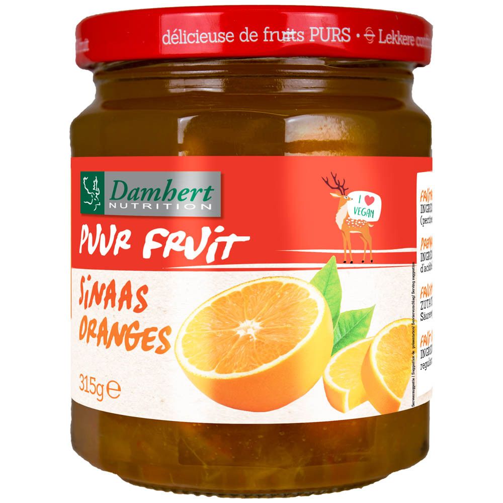 Glas mit Orangenkonfitüre. Roter Deckel. Etikett mit Produktname, Orangenabbildung und Vegan-Siegel. Reh-Illustration.