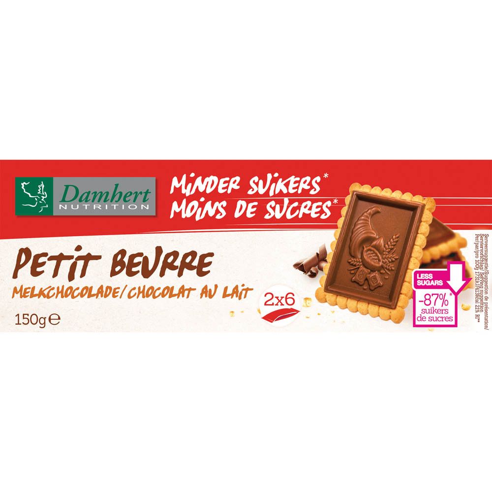 Verpackung mit Keksen. Aufschrift: Petit Beurre, Milchschokolade. Marke: Damhert Nutrition. Mit weniger Zucker.