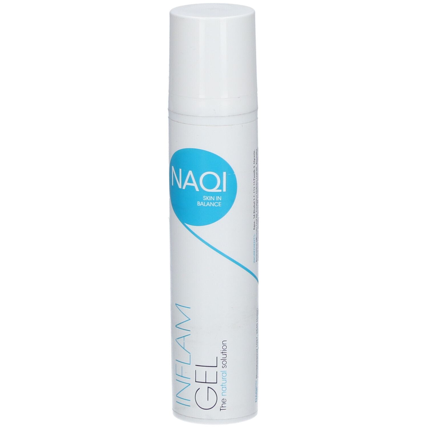 Weiß-blaue Flasche. Aufschrift: NAQI, INFLAM GEL. Zylinderform mit weißem Deckel. Produktansicht.