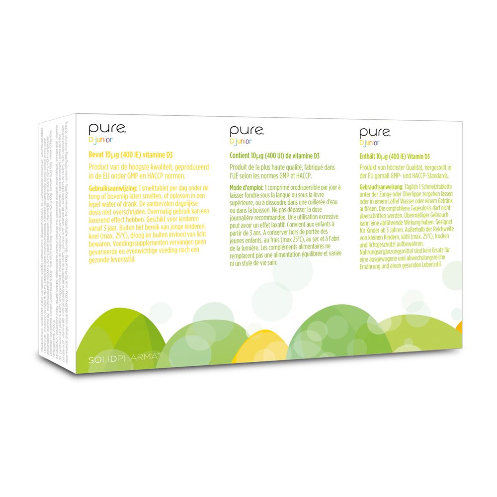 Rückseite der "pure D junior"-Schachtel. Text in Deutsch, Französisch und Niederländisch. Grün-gelbes Design.