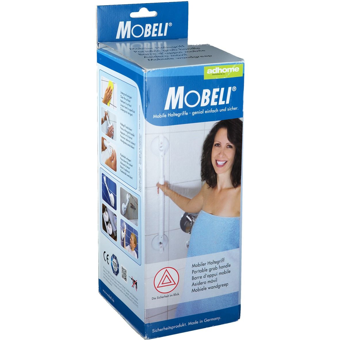Verpackung mit Mobeli Haltegriff. Marke Mobeli. Produktabbildung und Frau im Badezimmer. CE-Zeichen.