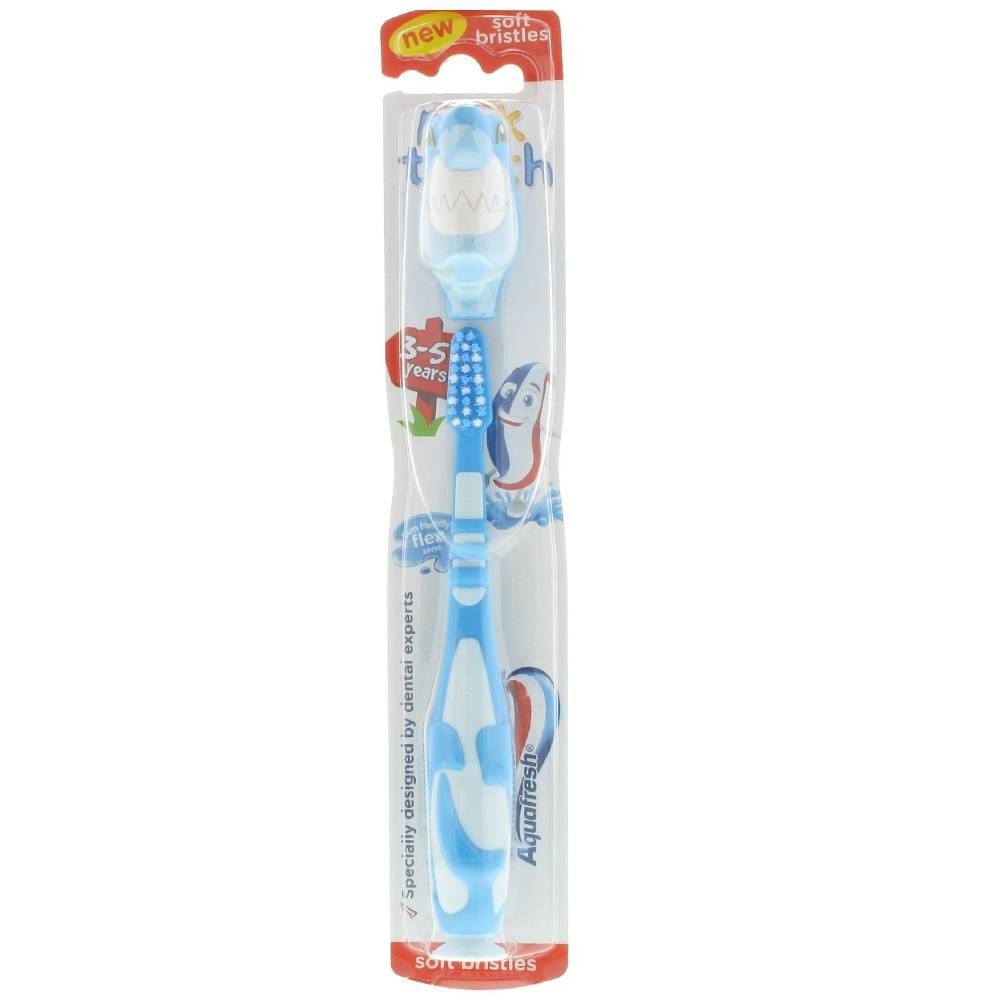 Zahnbürste für Kinder, blau, mit Hai-Design. Weiche Borsten, verpackt. Marke: Aquafresh.