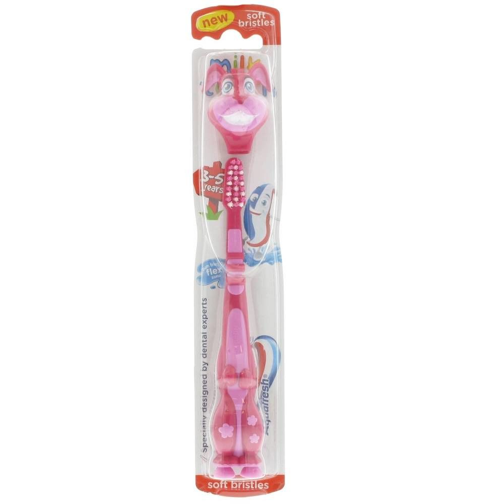 Rosa Kinderzahnbürste mit Tiermotiv. Weiche Borsten, verpackt. Marke: Aquafresh.