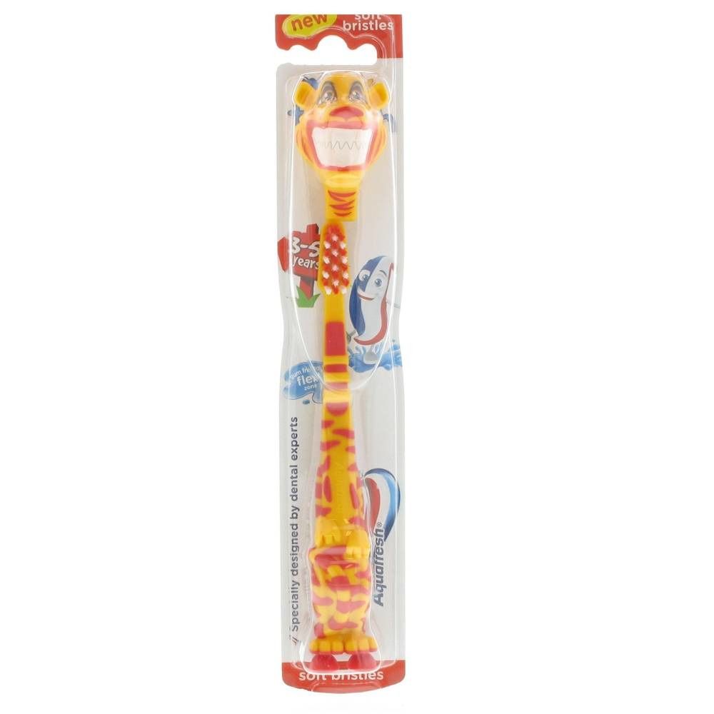 Gelb-orange Kinderzahnbürste mit Tiermotiv. Weiche Borsten, verpackt. Marke: Aquafresh.