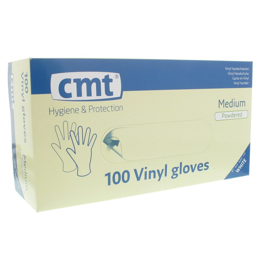 Verpackung mit Vinyl-Handschuhen, Größe M, gepudert. Marke cmt, 100 Stück. Weiße Box mit blauer Schrift. Aufschrift: Hygiene & Protection.