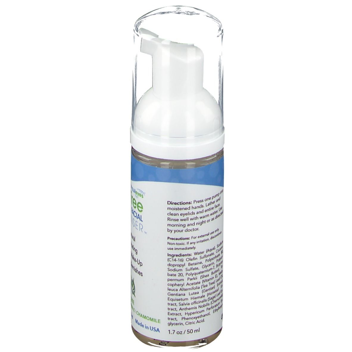 Rückansicht des Reinigers für Augenlider und Gesicht. Enthält Inhaltsstoffe und Anwendungshinweise. Weißer Spender mit transparentem Deckel.