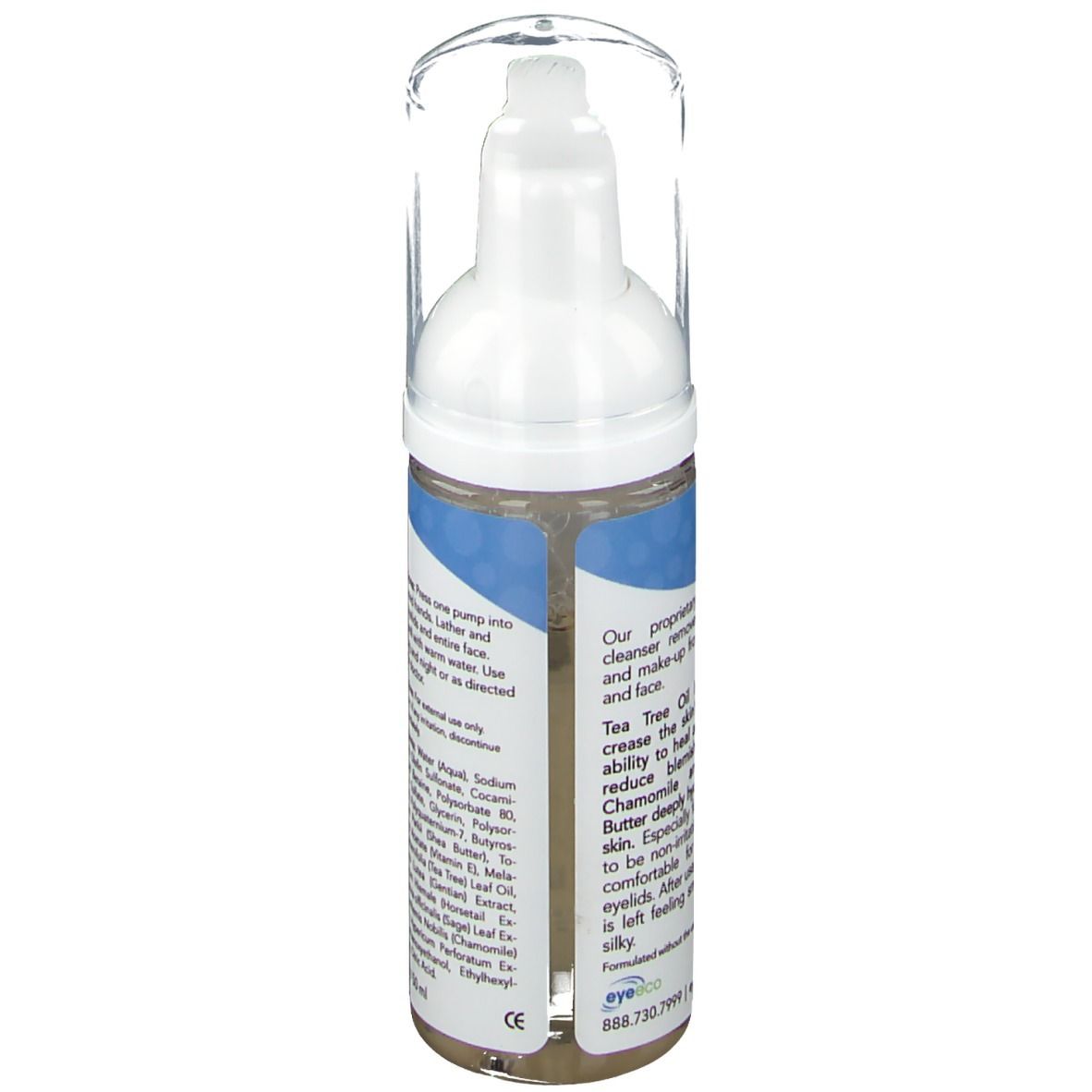 Seitenansicht des Reinigers für Augenlider und Gesicht. Enthält Produktinformationen und Anweisungen. Weißer Spender mit transparentem Deckel.