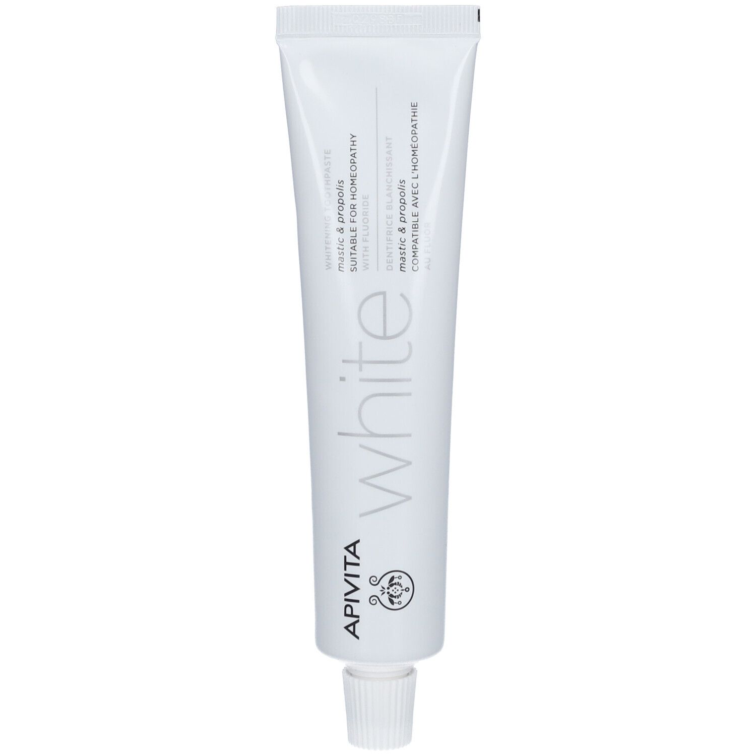 Weiße Tube mit APIVITA Schriftzug und "white" Aufdruck. Enthält Mastic & Propolis, geeignet für Homöopathie.