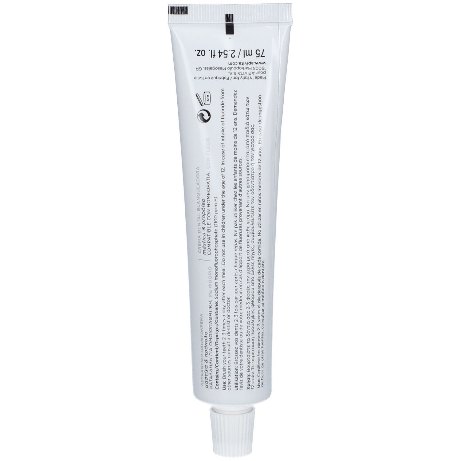 Weiße Tube mit schwarzem Aufdruck, 75 ml. Enthält Fluorid und ist homöopathieverträglich.