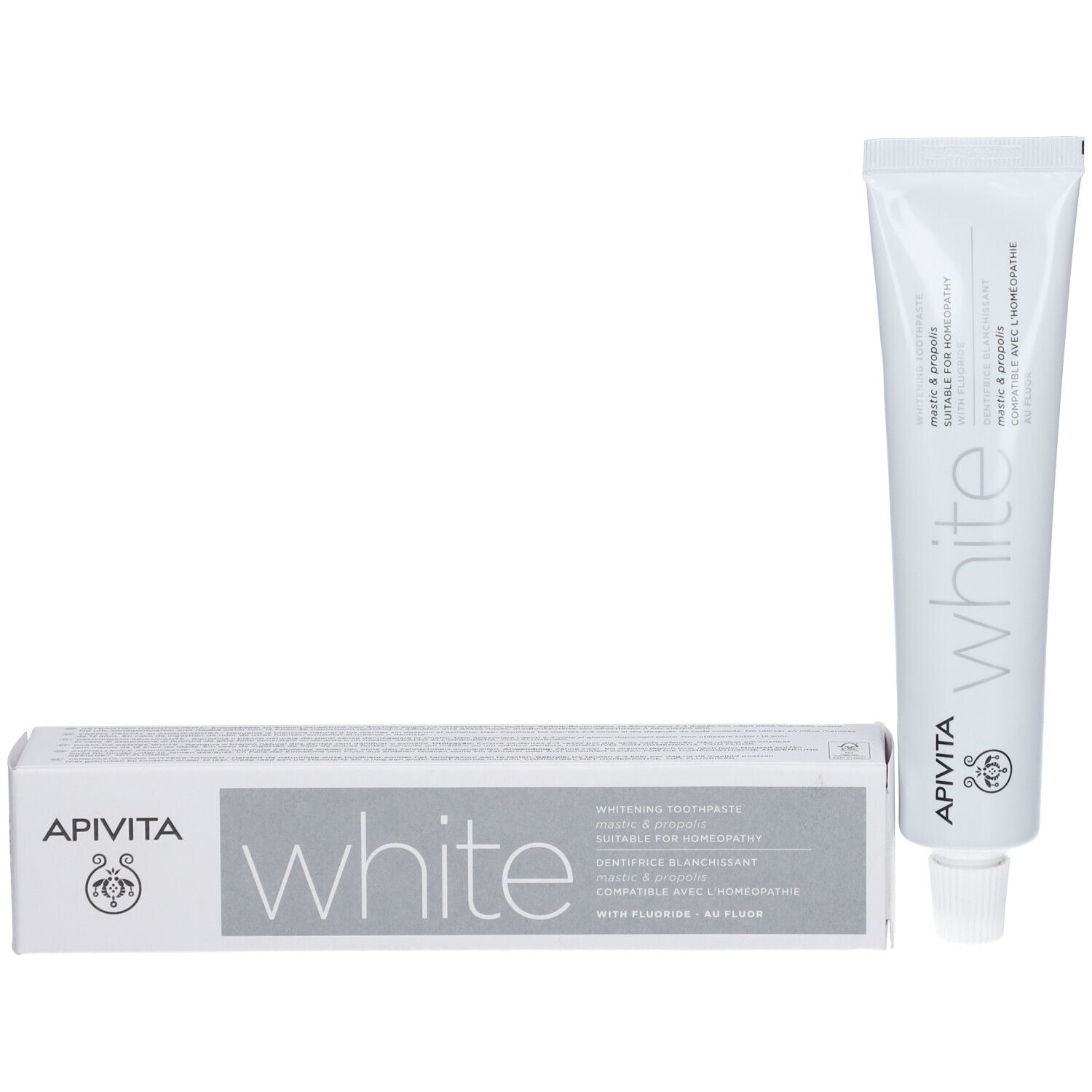 APIVITA White Zahnpasta in weißer Tube und Kartonverpackung. Whitening Toothpaste.
