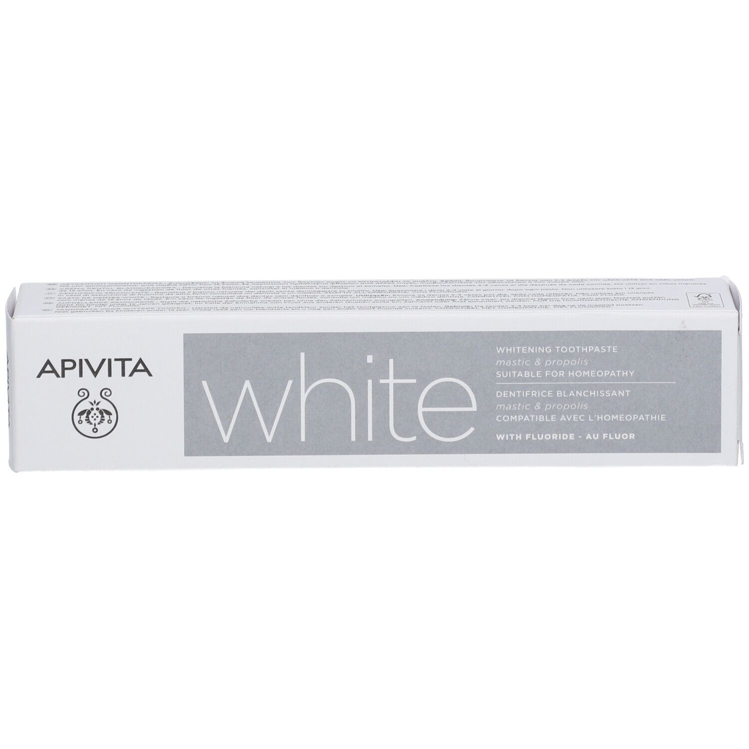 APIVITA White Whitening Toothpaste Karton. Für Homöopathie geeignet. Mit Fluorid.