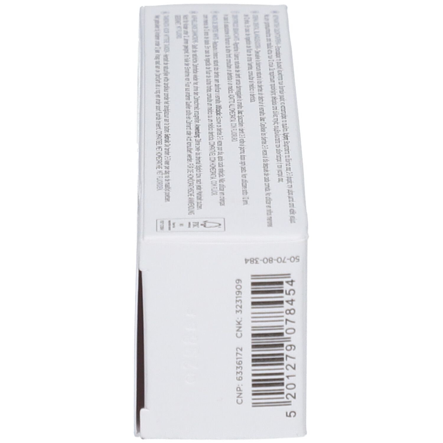 Weiße Verpackung mit schwarzem Text und Barcode. Enthält Anweisungen und Produktinformationen.