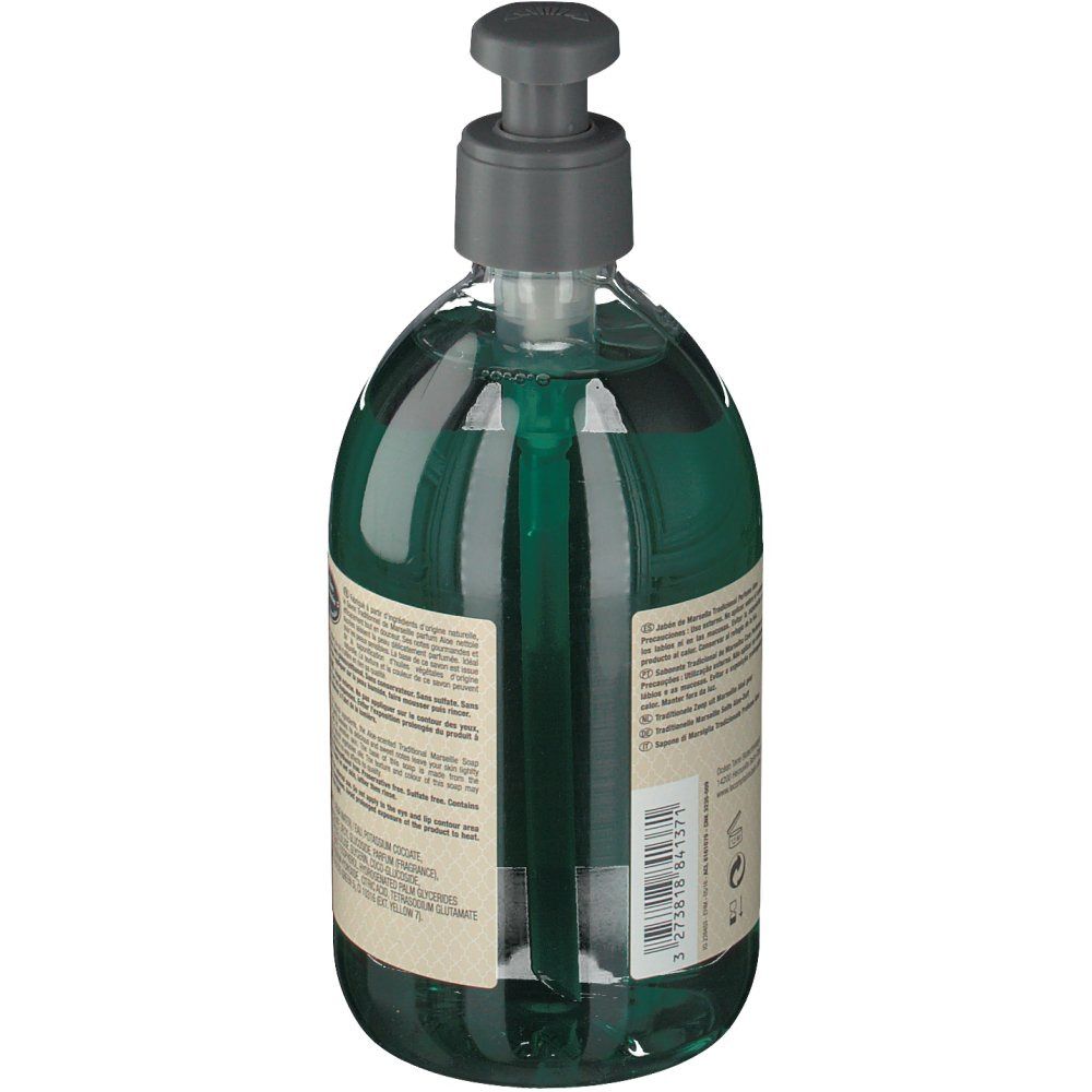 Grüne Flüssigseife in einer Flasche mit Pumpe. Rückseite mit Text und Etikett. Marke: Le Comptoir du Bain.