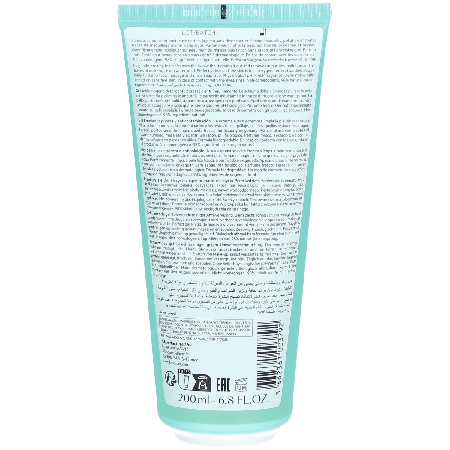Rückseite der hellblauen Tube. Text in mehreren Sprachen. Angaben zu Inhaltsstoffen und Hersteller. Volumen: 200ml.