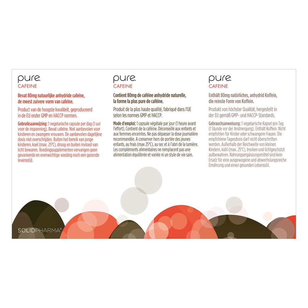 Weiße Schachtel "pure CAFFEINE". Enthält Kapseln. Mehrsprachiger Text und Design.