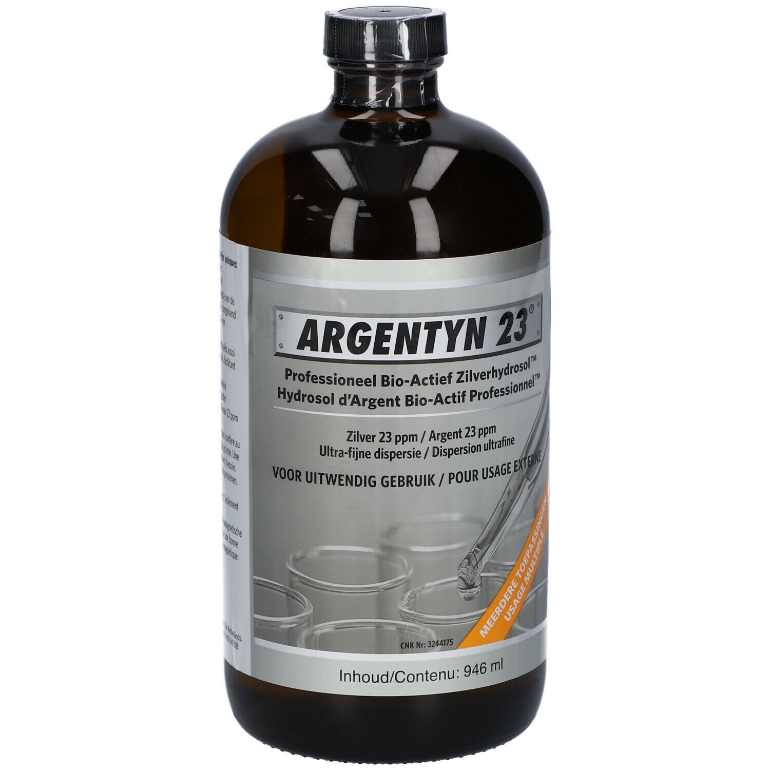 Braune Glasflasche mit Etikett. Aufschrift: Argentyn 23. Professionelle Bio-Actief Zilverhydrosol. Inhalt: 946 ml.