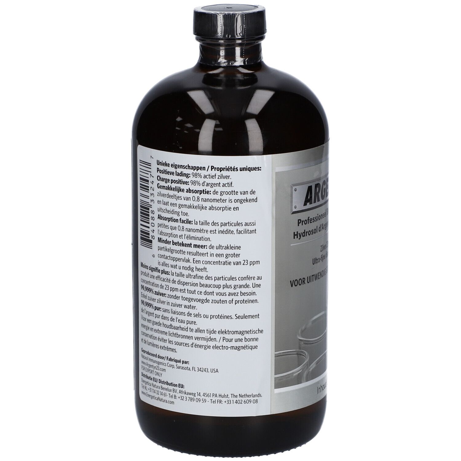 Rückseite einer braunen Glasflasche. Textinformationen auf Etikett. Argentyn 23. Eigenschaften, Absorption, Inhaltsstoffe.