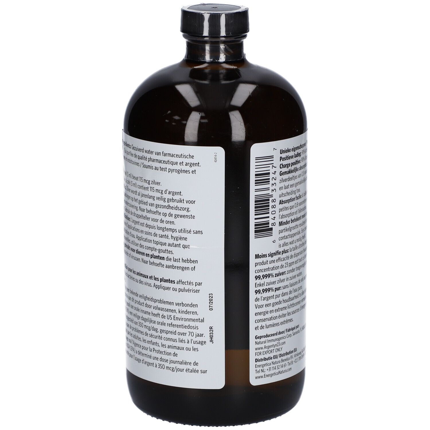 Rückseite einer braunen Glasflasche. Textinformationen auf Etikett. Argentyn 23. Inhaltsstoffe, Dosierung, Warnhinweise.