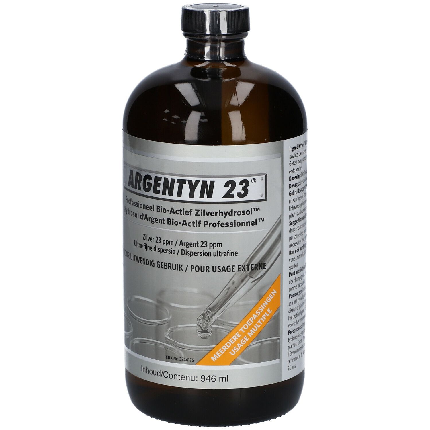 Braune Glasflasche mit Etikett. Aufschrift: Argentyn 23. Professionelle Bio-Actief Zilverhydrosol. Inhalt: 946 ml.