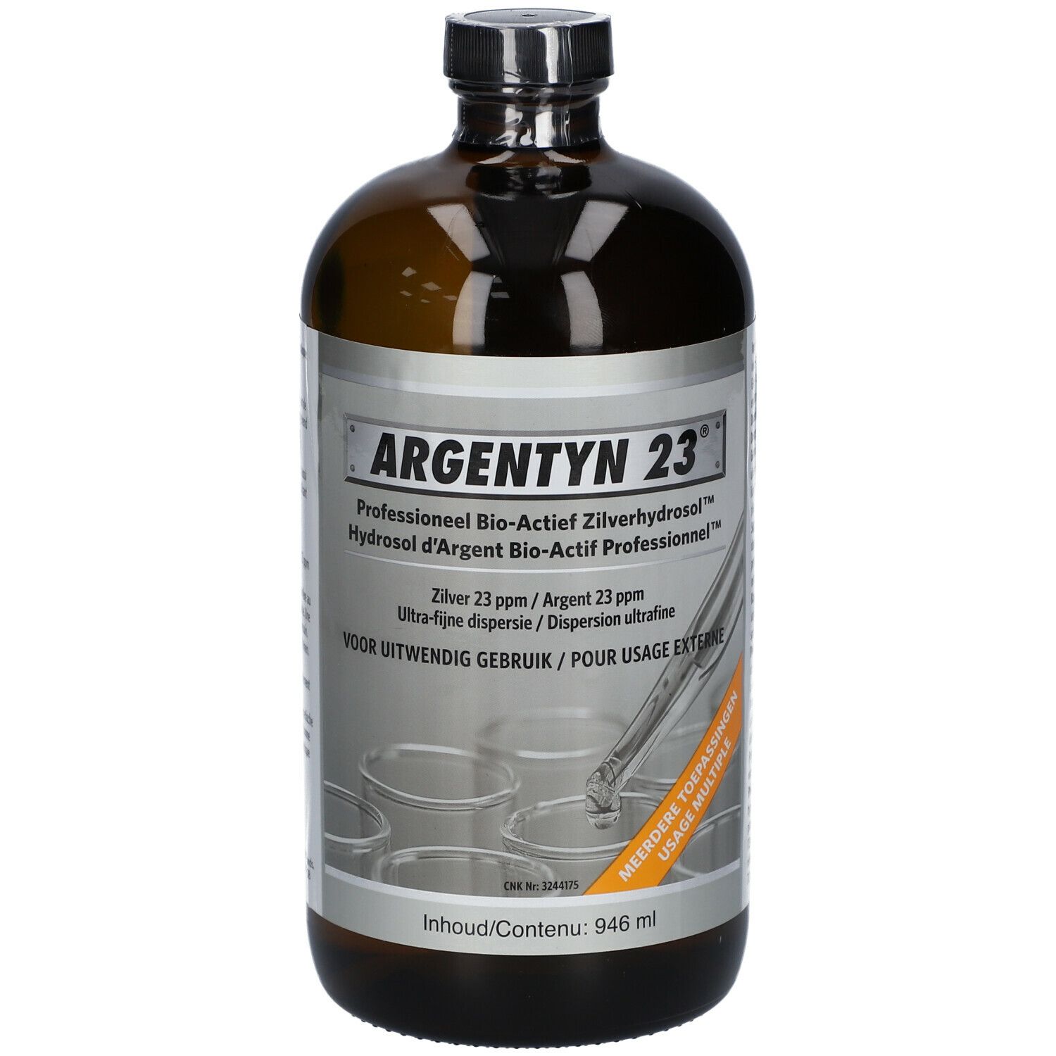 Braune Glasflasche mit Etikett. Aufschrift: Argentyn 23. Professionelle Bio-Actief Zilverhydrosol. Inhalt: 946 ml.