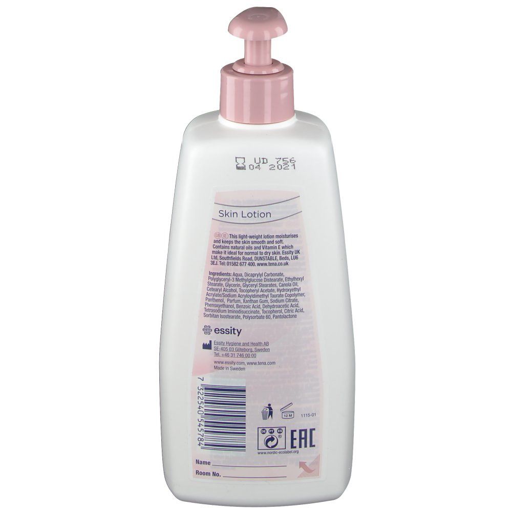 Rückseite einer weißen Flasche mit rosa Pumpkopf. Text: Skin Lotion. Inhaltsstoffe und Informationen.