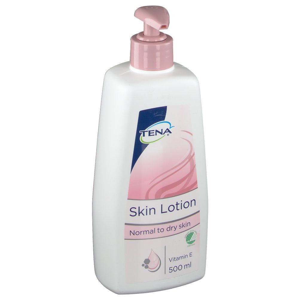 Weiße Flasche mit rosa Pumpkopf. Aufschrift: TENA Skin Lotion. Für normale bis trockene Haut. 500 ml.