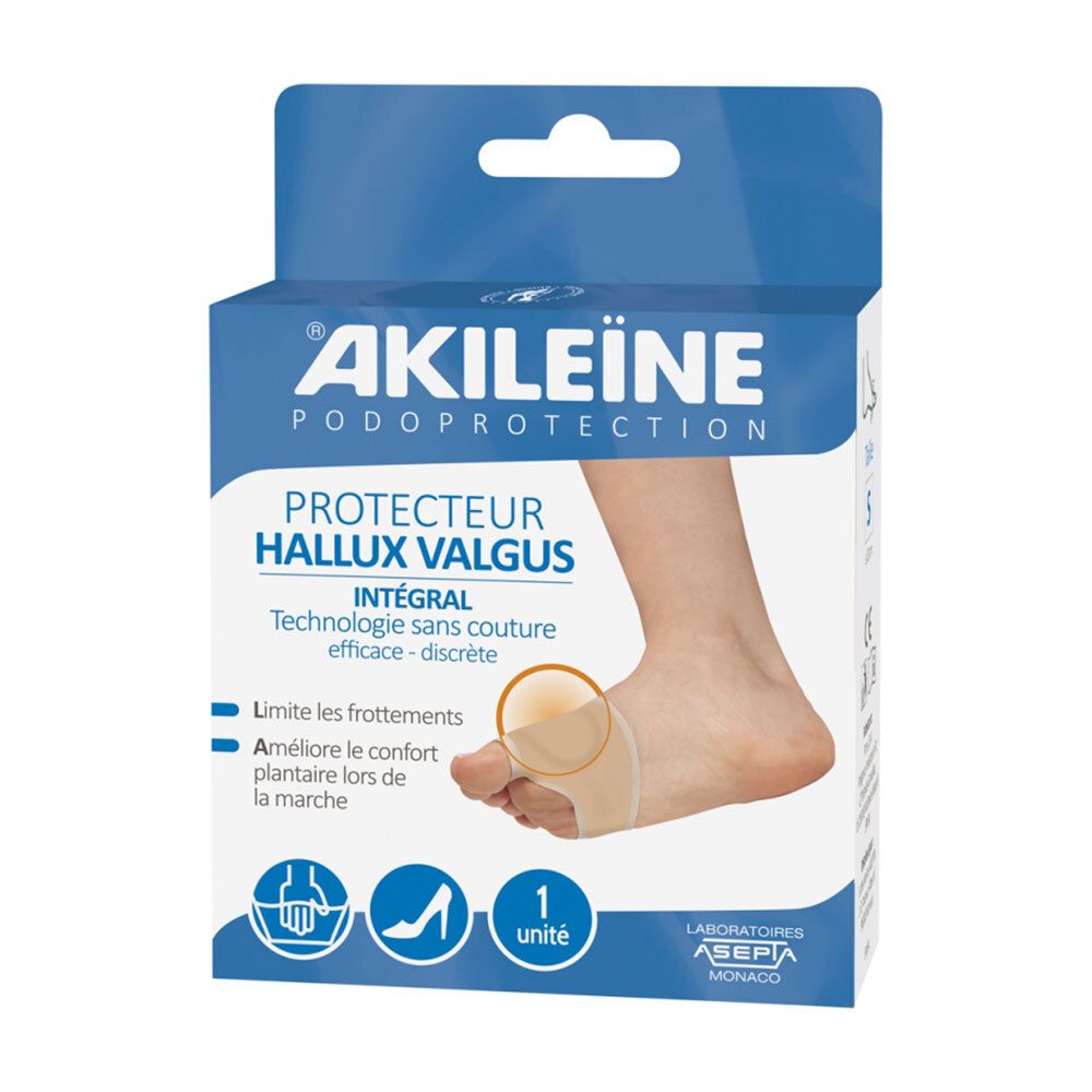 Verpackung mit Fußschutz. Text: ®AKILEINE PODOPROTECTION, PROTECTEUR HALLUX VALGUS. Abbildung eines Fußes mit Produkt. 1 Einheit.