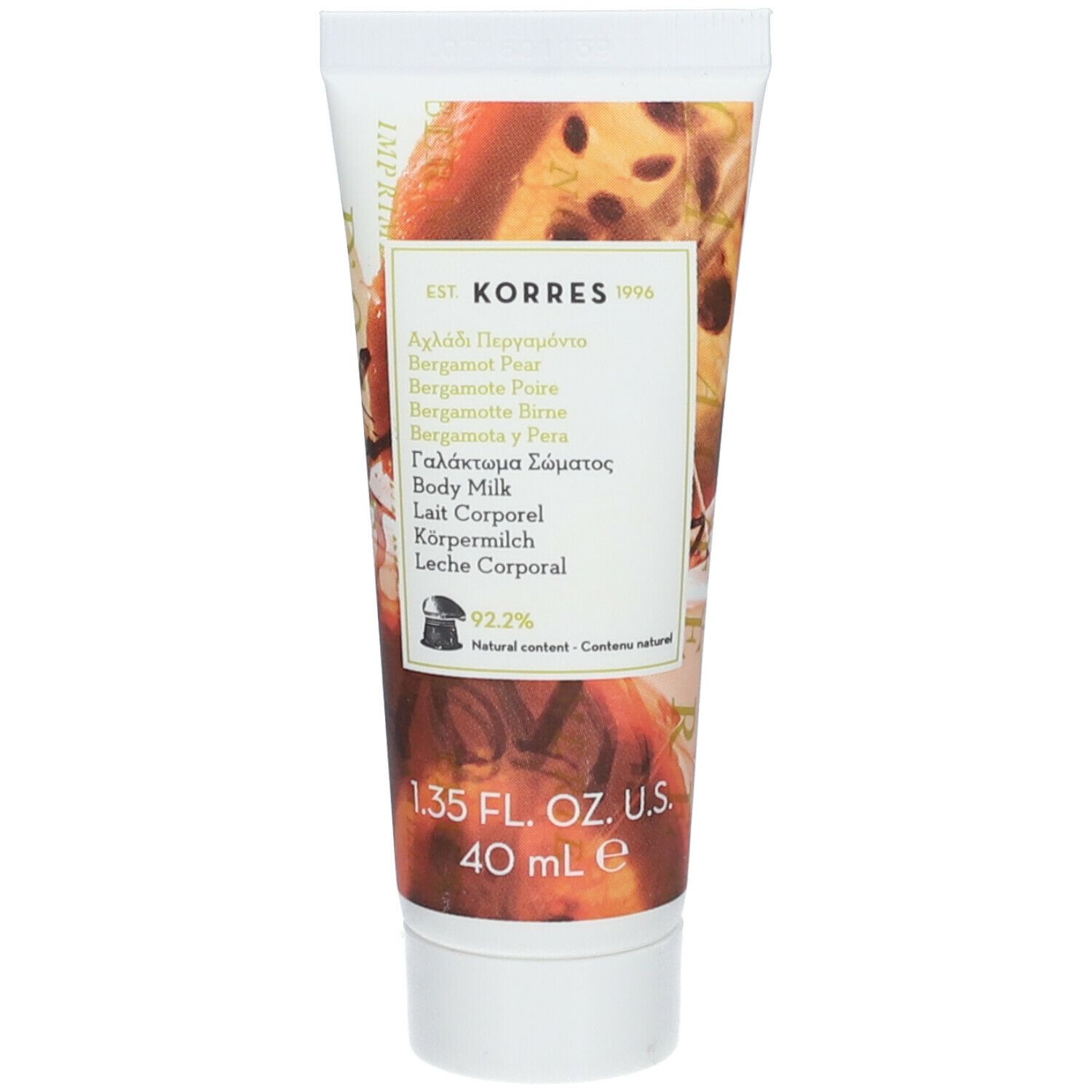 KORRES® Bodylotion. Weiße Tube mit Produktinformationen und Abbildung. Aufschrift: Bergamotte Birne, 40 ml.