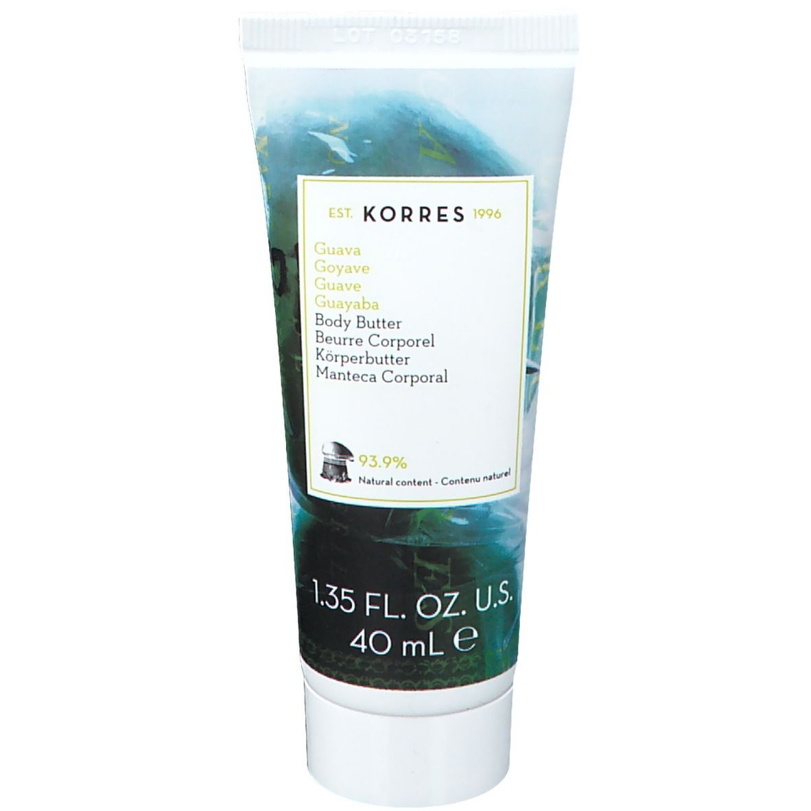 KORRES® Body Butter Guave Tube, Vorderseite, Text in mehreren Sprachen, 40 ml.