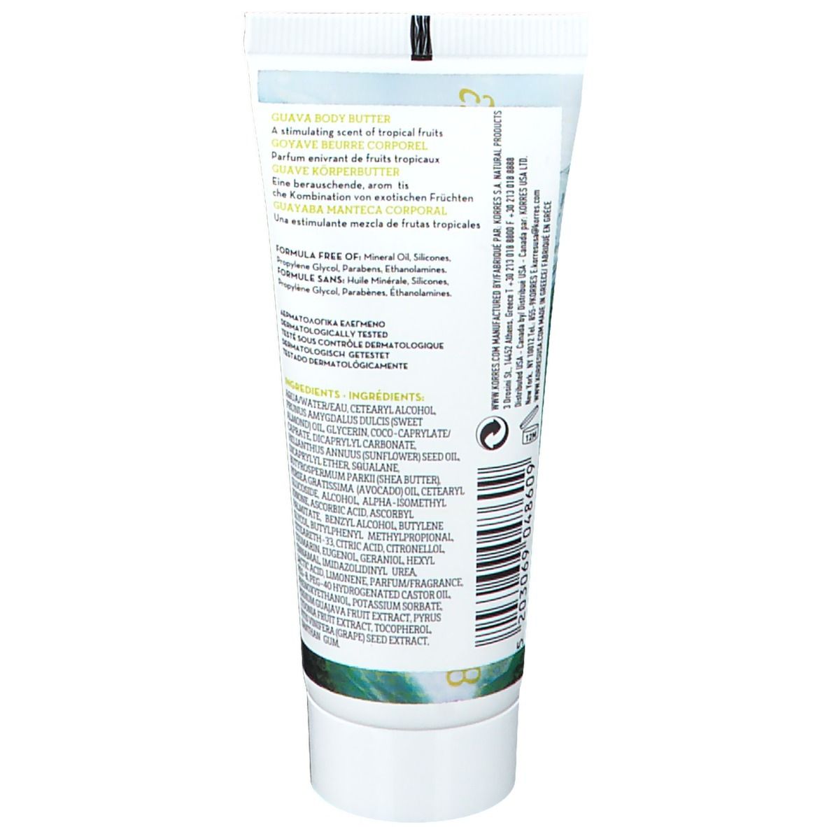 KORRES® Body Butter Guave Tube, Rückseite, Text in mehreren Sprachen, Inhaltsstoffe.