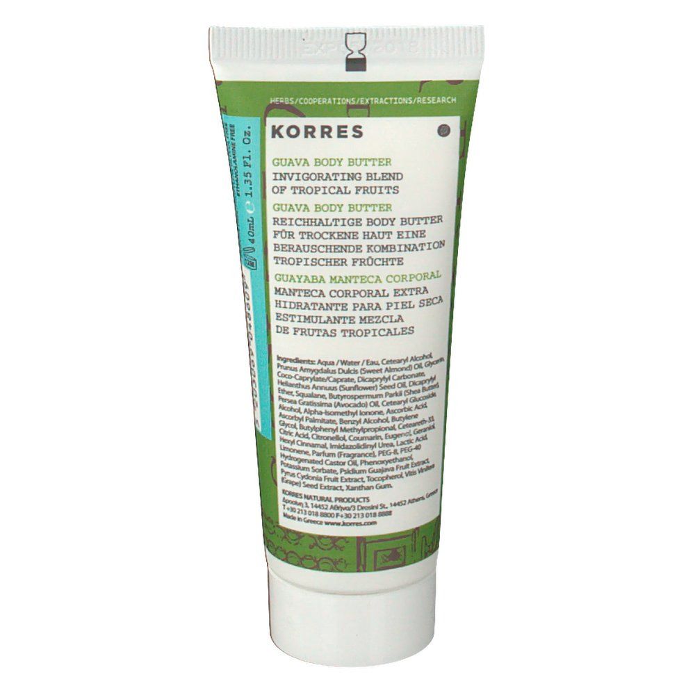 KORRES® Body Butter Guave Tube, Rückseite, Text in mehreren Sprachen, Inhaltsstoffe.