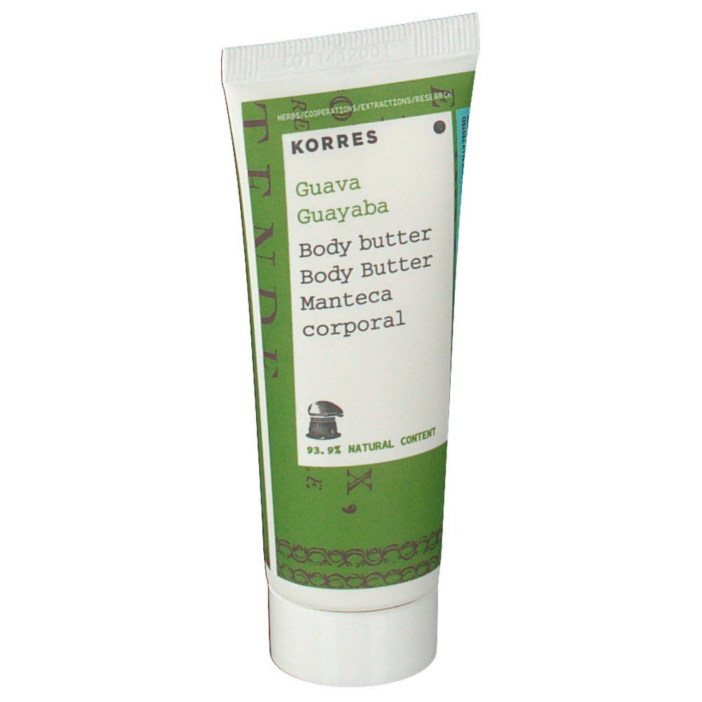 KORRES® Body Butter Guave Tube, Vorderseite, Text in mehreren Sprachen.