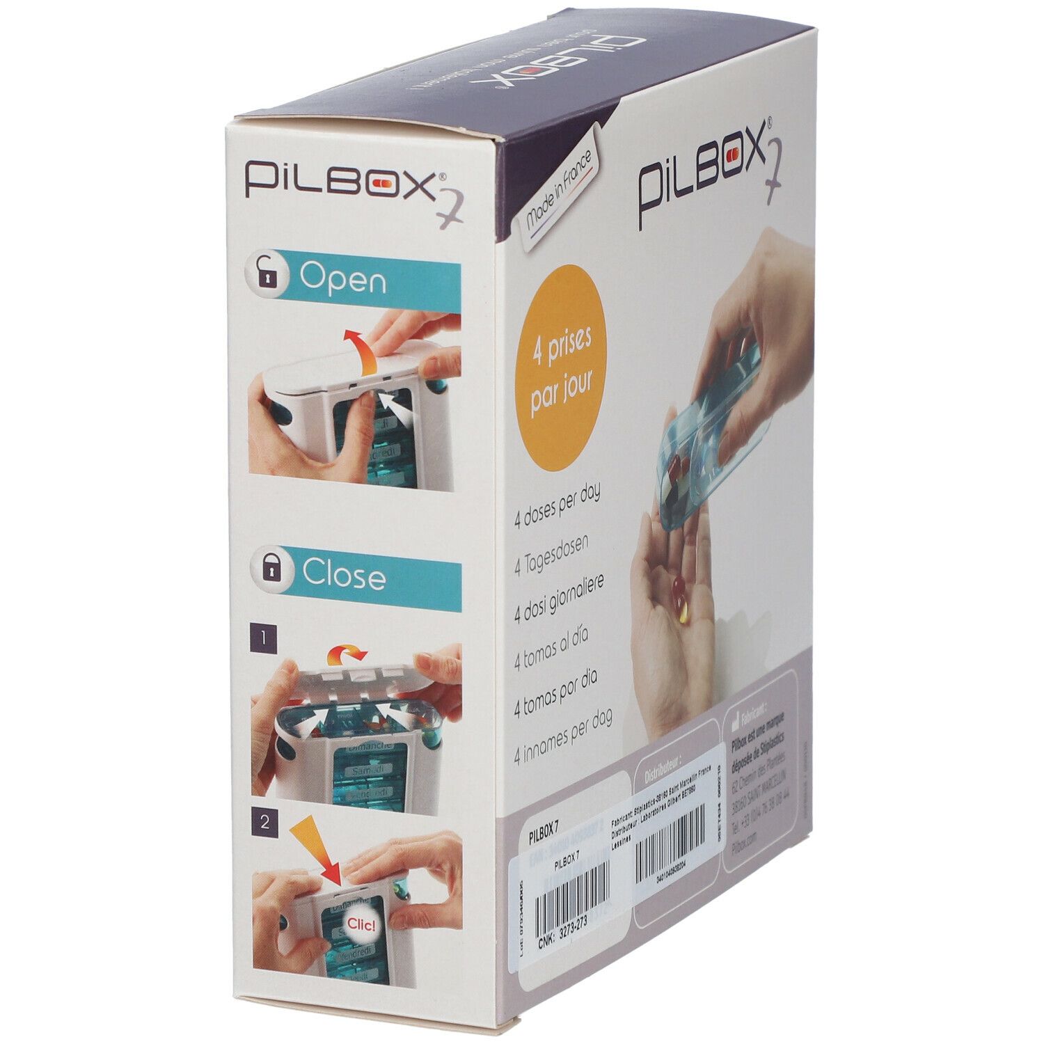 Schräg stehende Verpackung mit Pillenbox. Zeigt Anweisungen zum Öffnen und Schließen. Aufdruck: 4 prises par jour, Made in France.