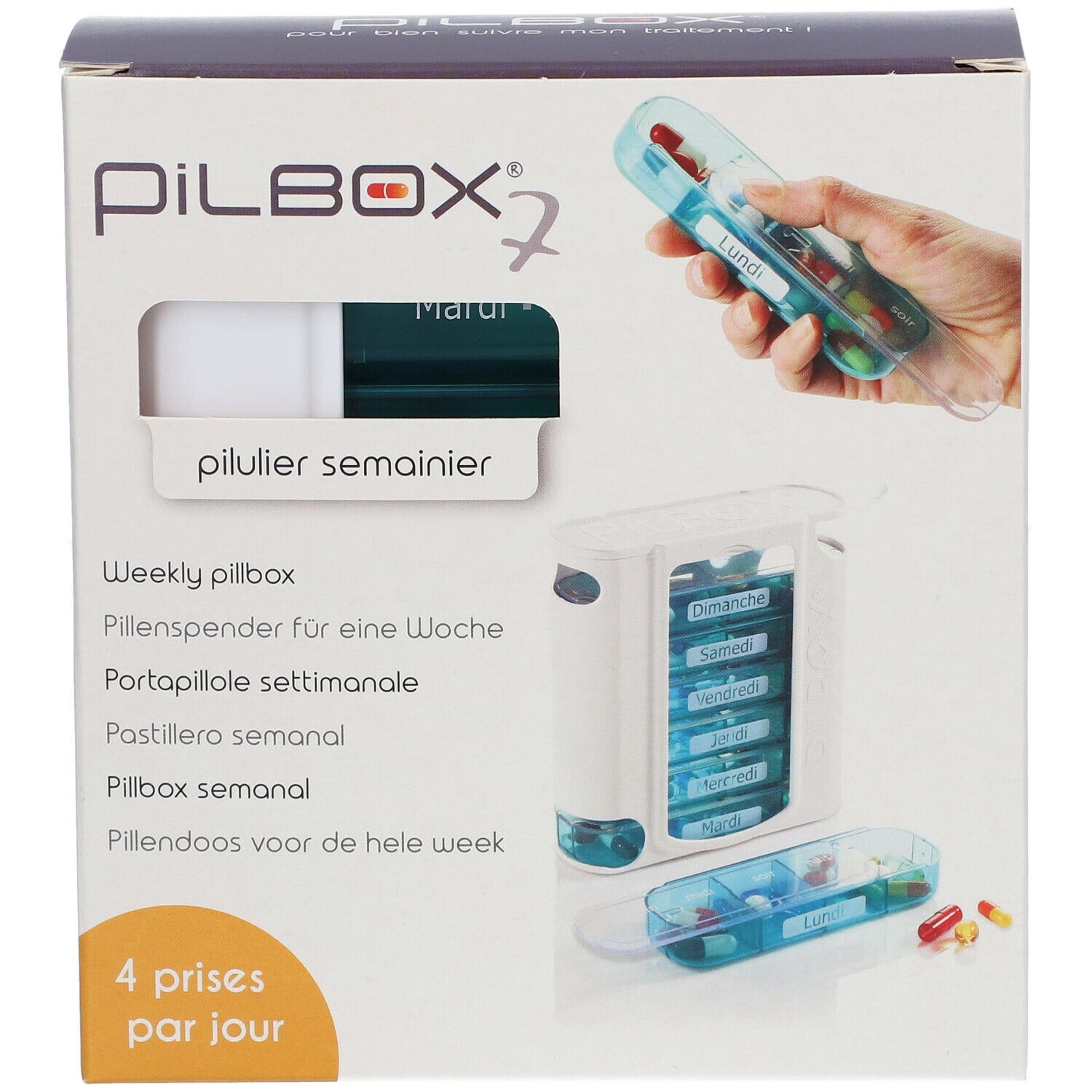 Verpackung mit Pillenbox. Enthält eine wöchentliche Pillenbox und eine Tagesbox. Aufdruck: Pilulier Semainier, 4 prises par jour.