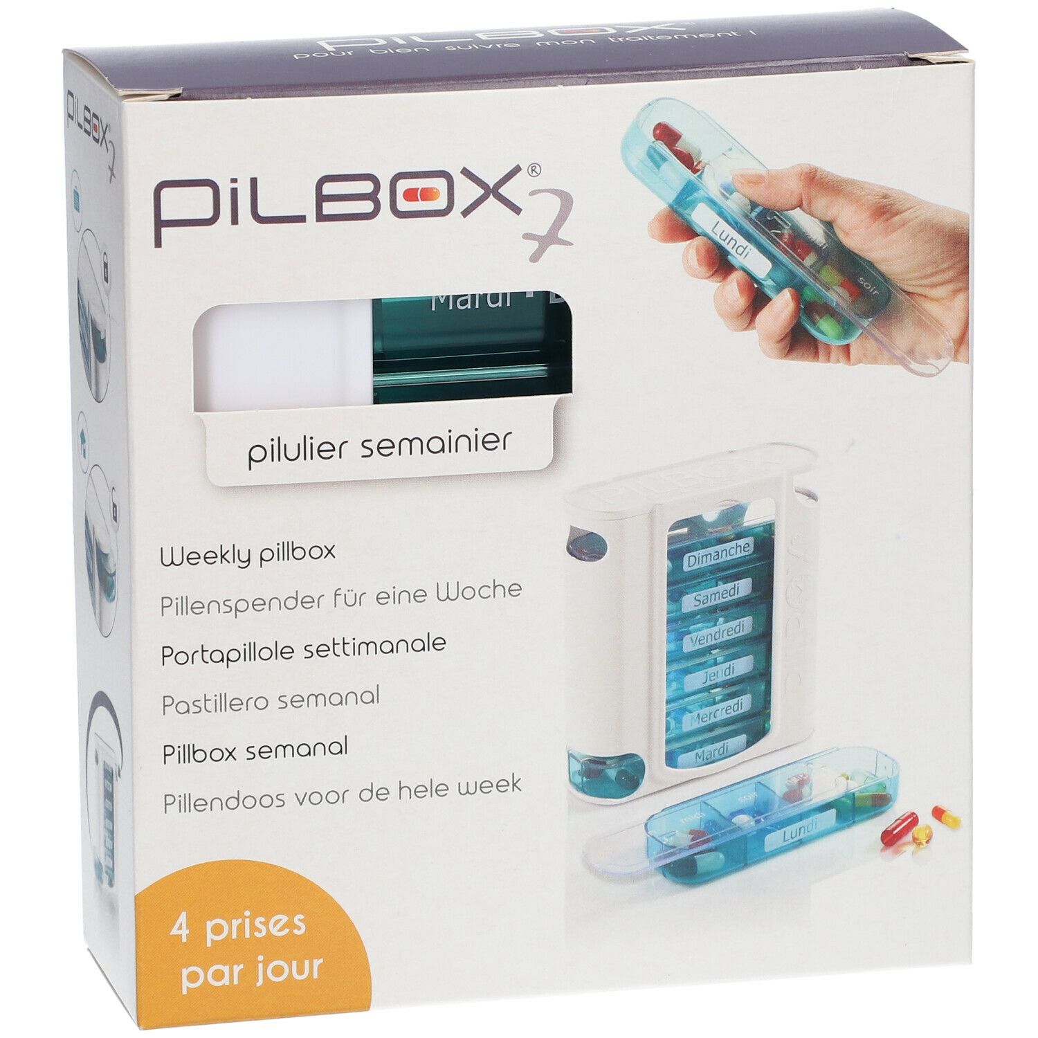 Verpackung mit Pillenbox. Enthält eine wöchentliche Pillenbox und eine Tagesbox. Aufdruck: Pilulier Semainier, 4 prises par jour.