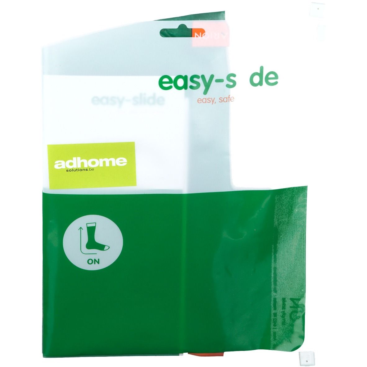 Grüne Verpackung mit Produktabbildung und Text. Logo 'adhome'. Aufdruck 'easy-slide'. Größe L.