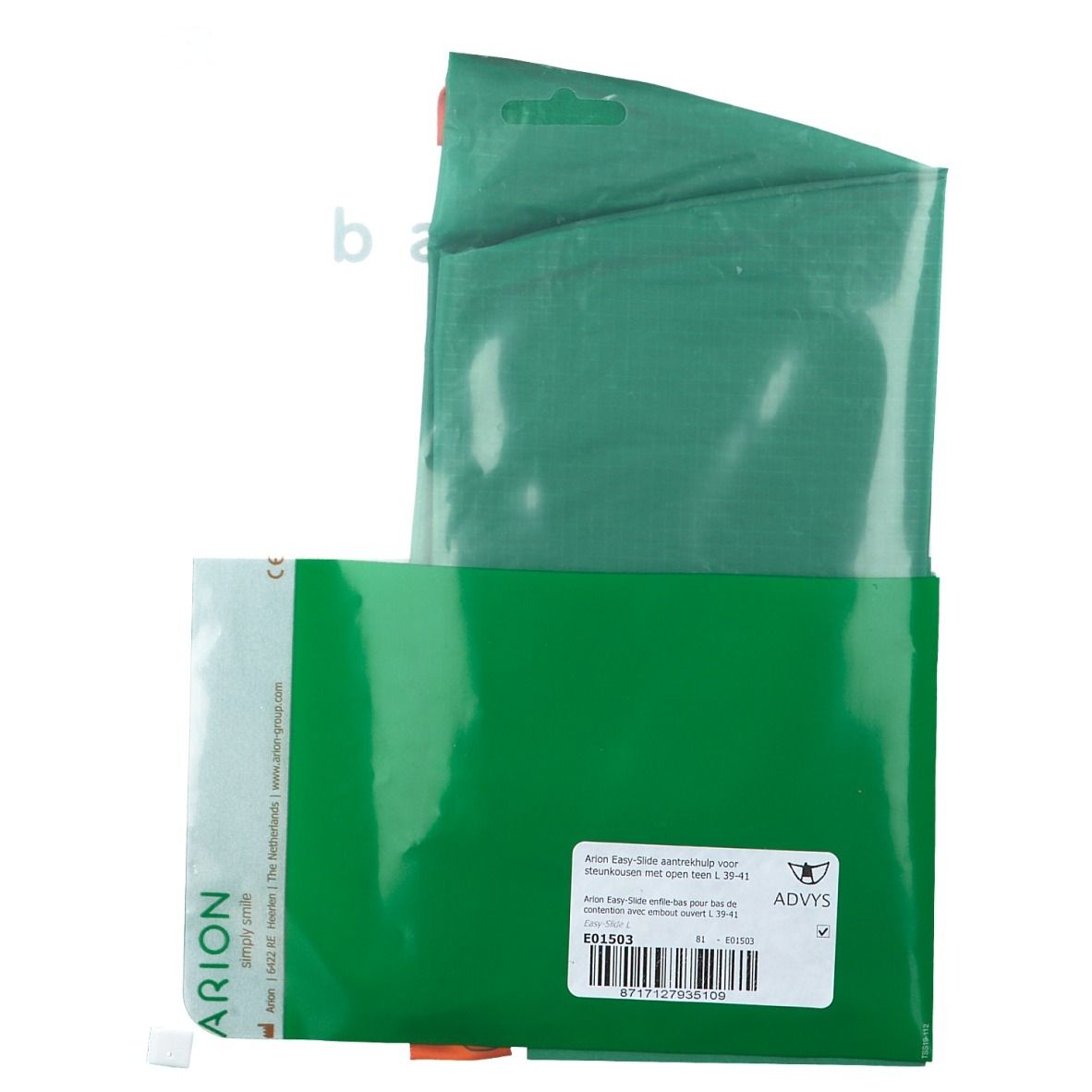 Grüne Verpackung, teilweise geöffnet. Produkt teilweise sichtbar. Text und Logo 'arion'. Etikett mit Barcode.