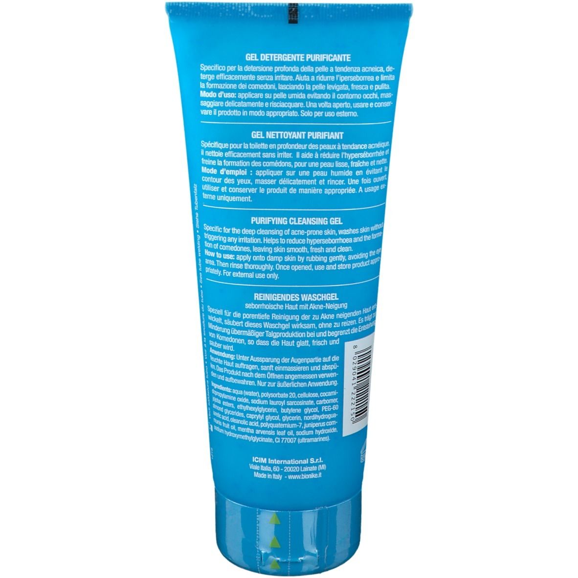 Blau-türkisfarbene Tube. Text in mehreren Sprachen. Aufschrift: Reinigungsgel.
