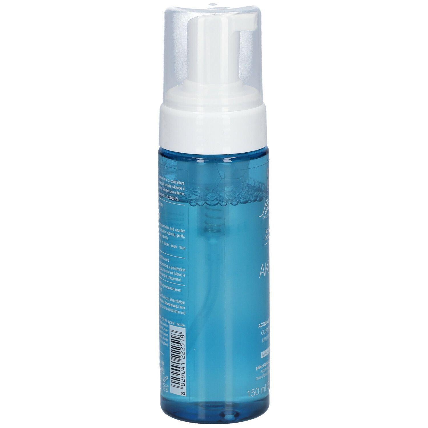 Blau-transparente Flasche mit weißem Pumpkopf. Aufschrift: AKNET, Bionike. Aqua detergente, 150 ml.