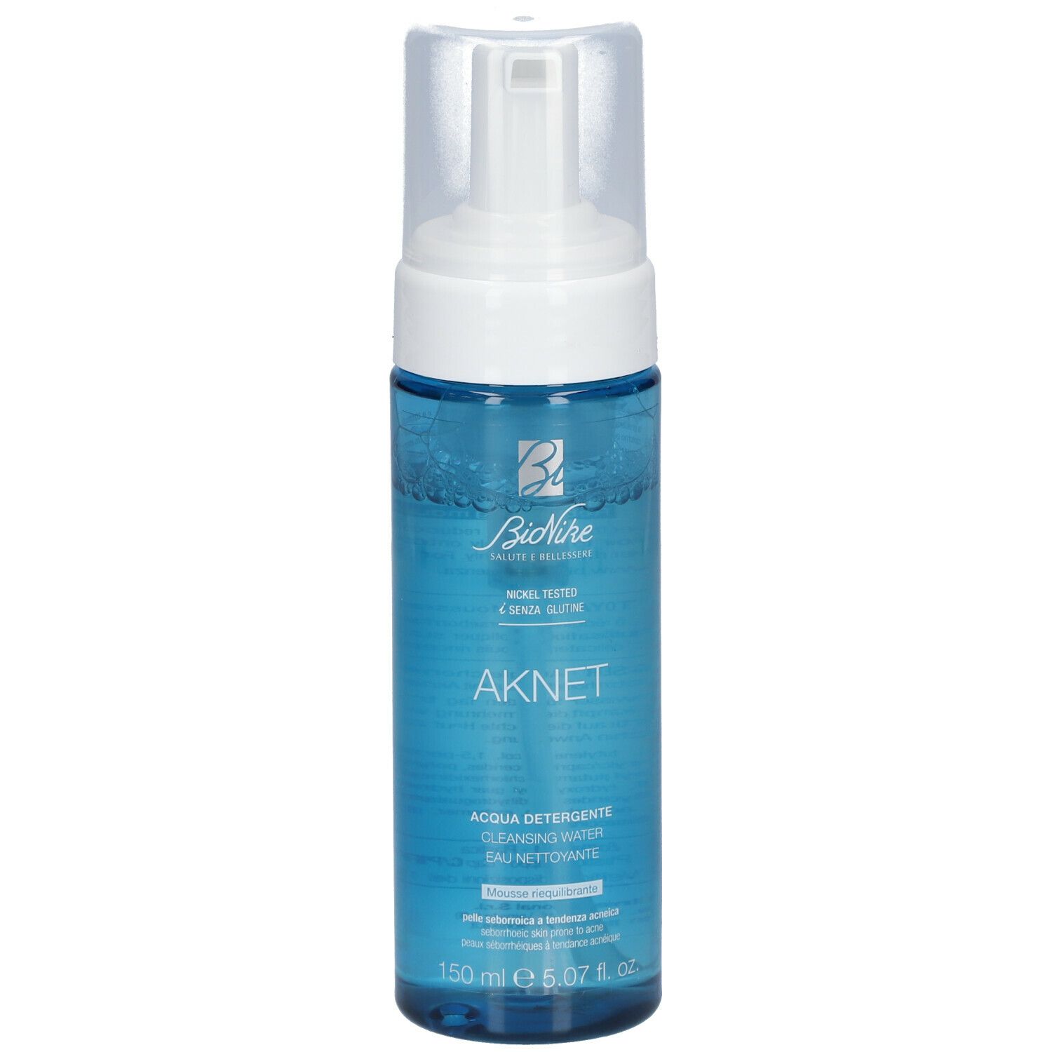 Blau-transparente Flasche mit weißem Pumpkopf. Aufschrift: AKNET, Bionike. Aqua detergente, 150 ml.