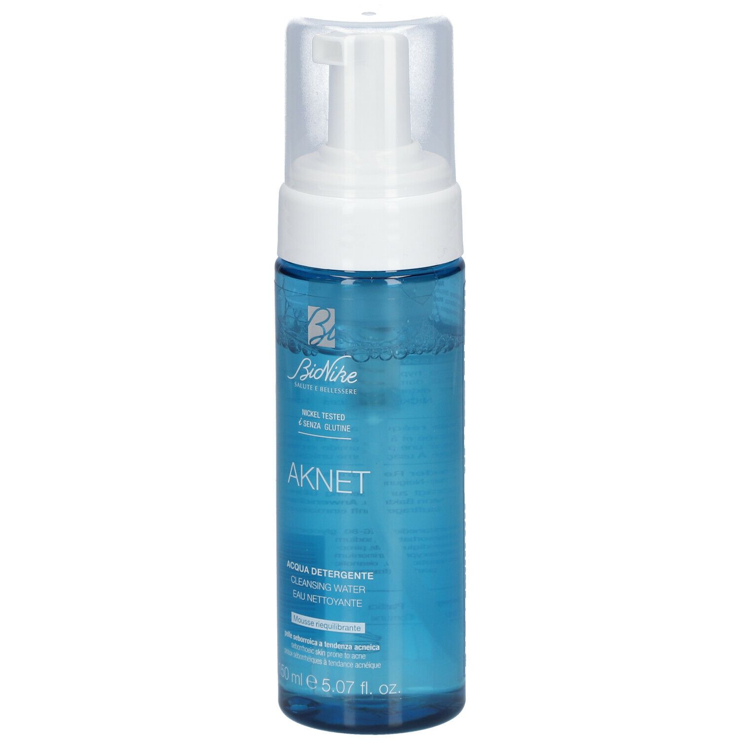 Blau-transparente Flasche mit weißem Pumpkopf. Aufschrift: AKNET, Bionike. Aqua detergente, 150 ml.