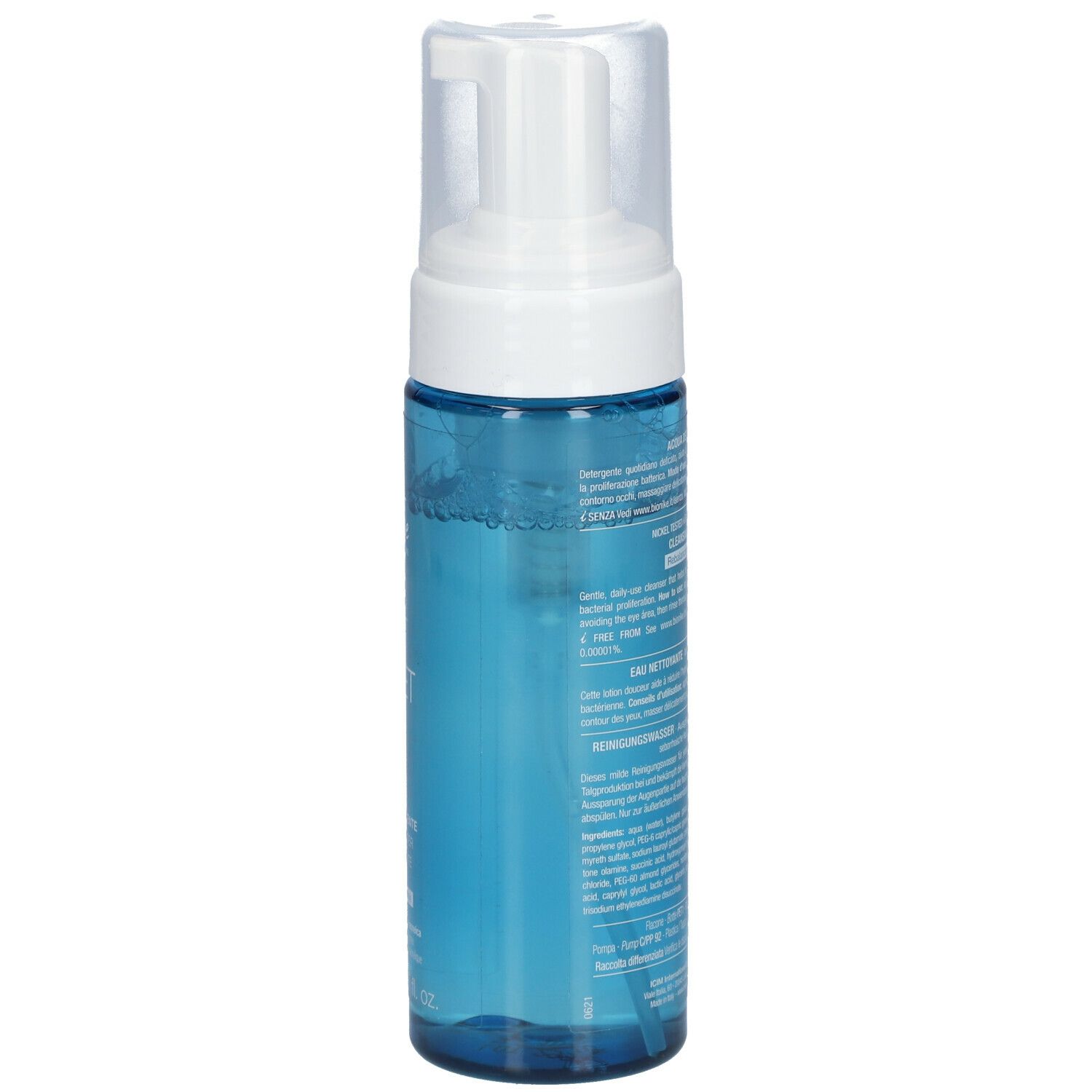 Blau-transparente Flasche mit weißem Pumpkopf. Aufschrift: AKNET, Bionike. Aqua detergente, 150 ml.