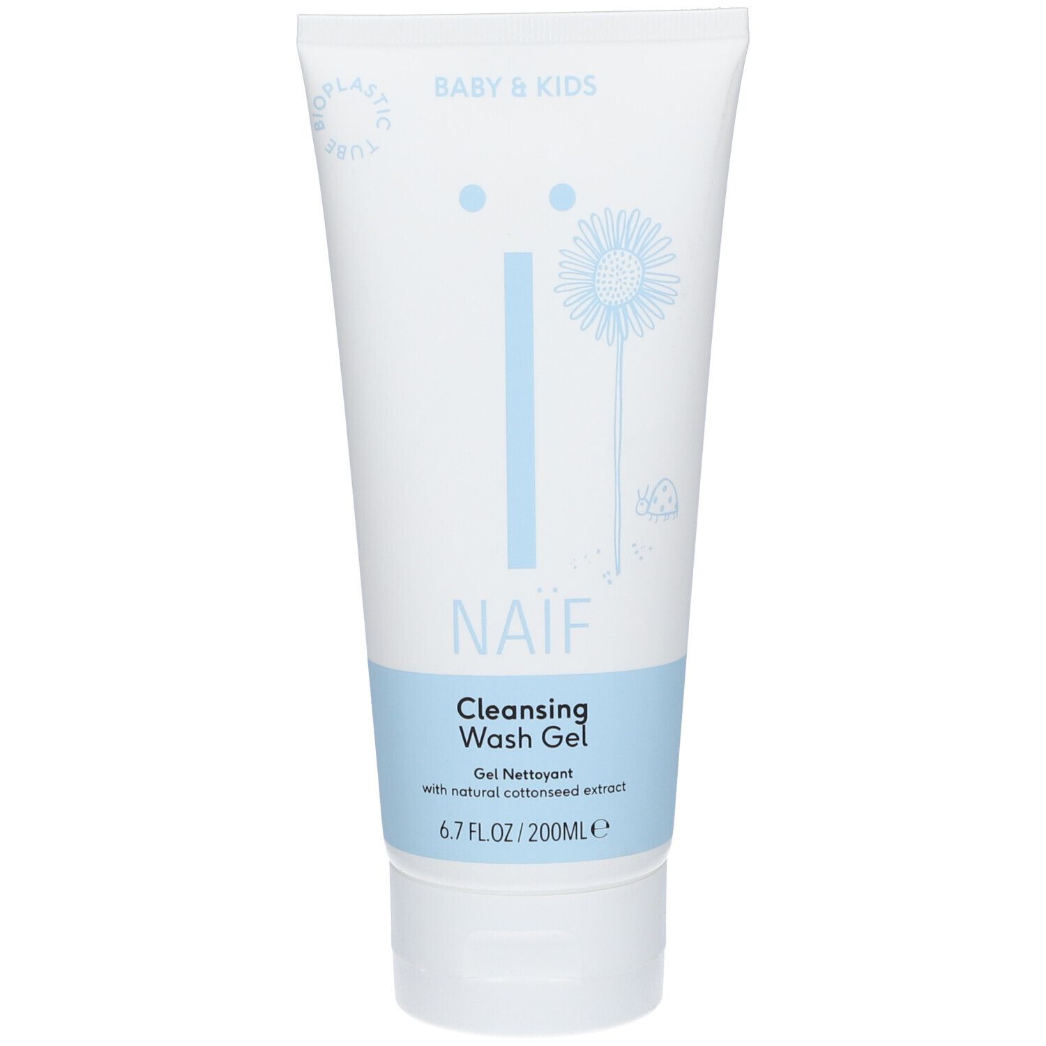 Weiß-blaue Tube mit NAÏF-Logo und Aufschrift "Cleansing Wash Gel". Enthält 200ml.
