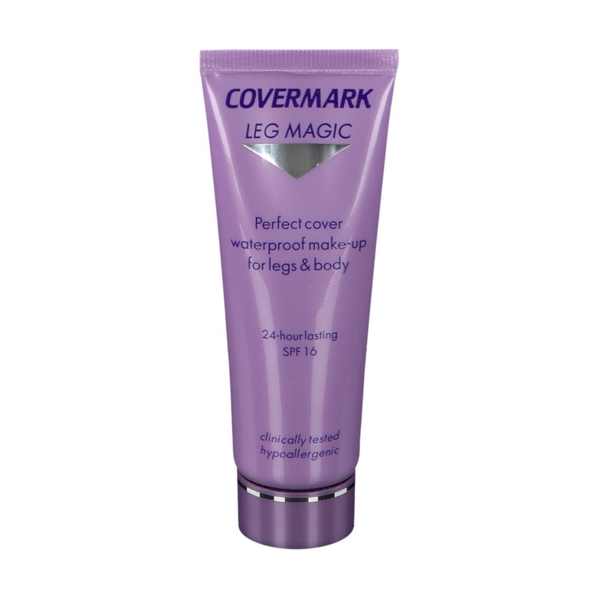 COVERMARK Leg Magic Tube. Lila Tube mit Produktinformationen. SPF 16. Hypoallergen.